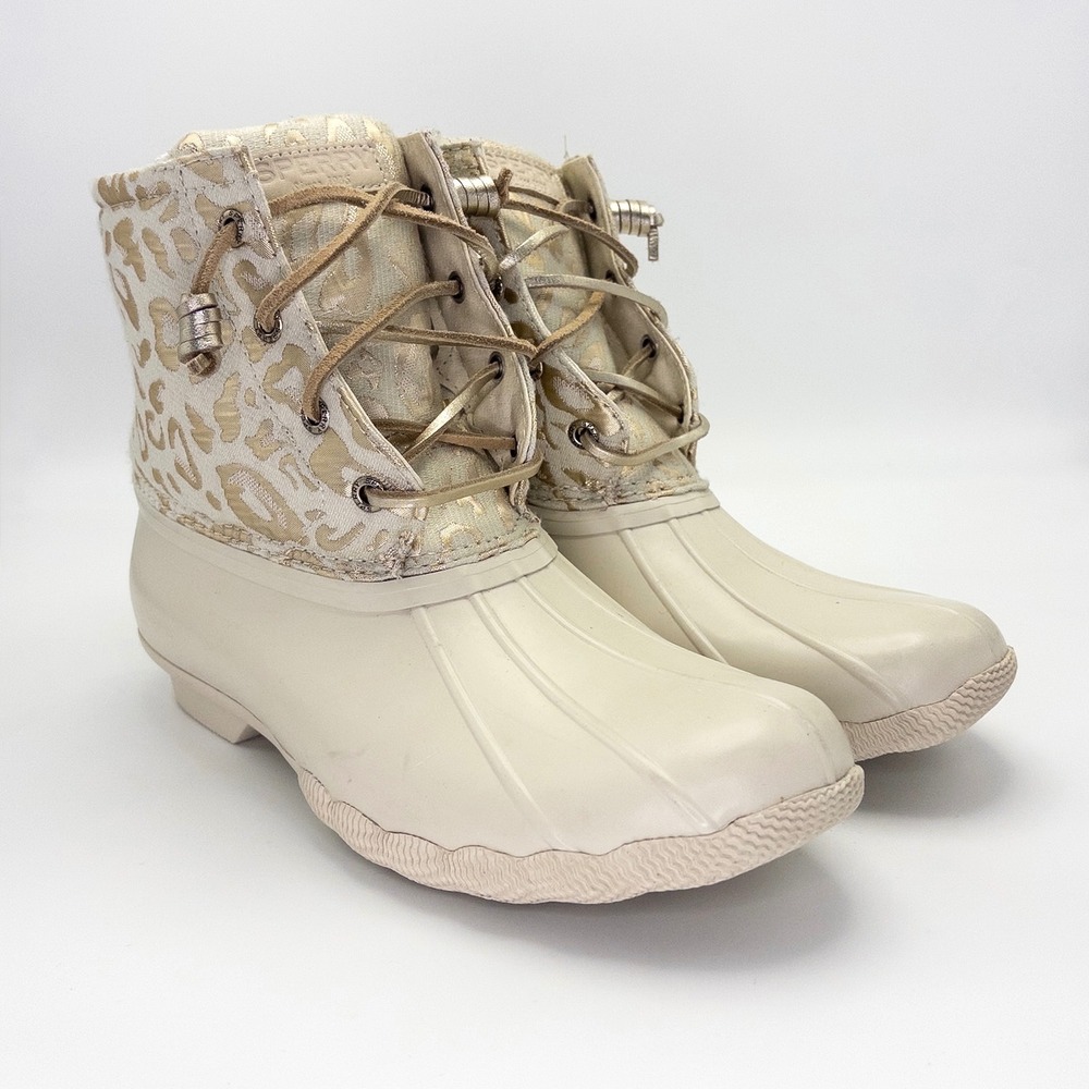 Sperry Saltwater Duck Boots Women's 8.5 Ivory Gold Metallic Leopard STS88315 - Picture 2 of 15